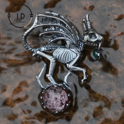 Dark Wings Dragon Pendant | Gothic Fantasy Jewelry with phantom quartz | Handmade Silver Pendant