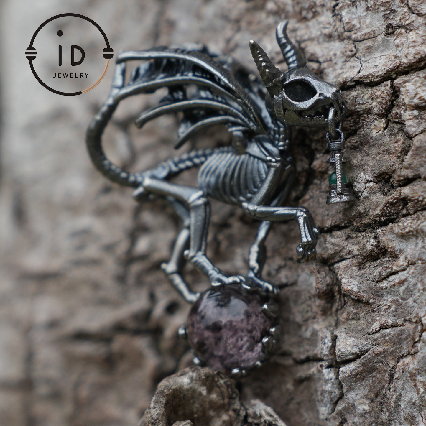 Dark Wings Dragon Pendant | Gothic Fantasy Jewelry with phantom quartz | Handmade Silver Pendant