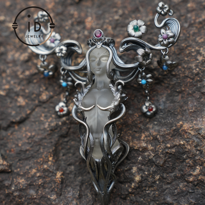 Goddess Flower Pendant | Handmade Jewelry with Onyx and Garnet | Elegant 925 Silver Design