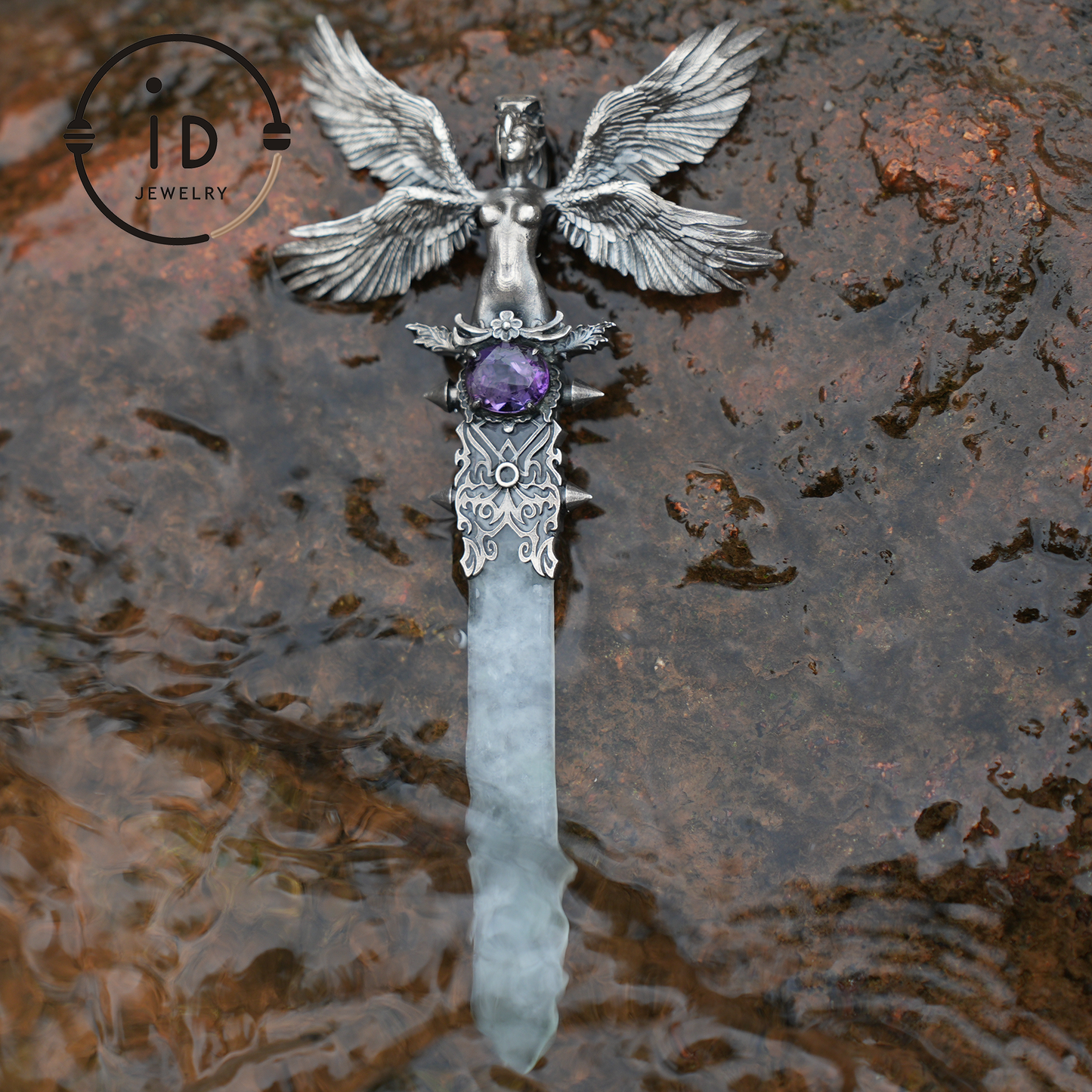 Handcrafted 925 Silver Winged Goddess Sword Pendant | Amethyst & Jade Accents | Nordic-Myth Fantasy Protection Jewelry