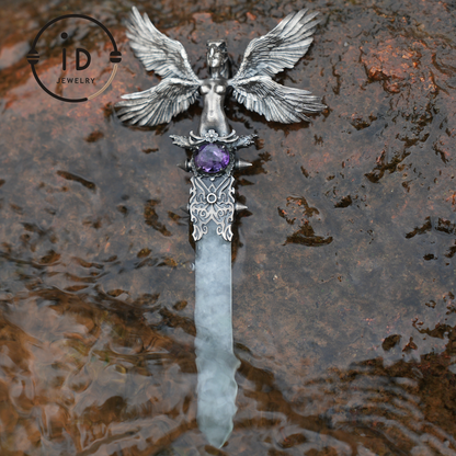 Handcrafted 925 Silver Winged Goddess Sword Pendant | Amethyst & Jade Accents | Nordic-Myth Fantasy Protection Jewelry