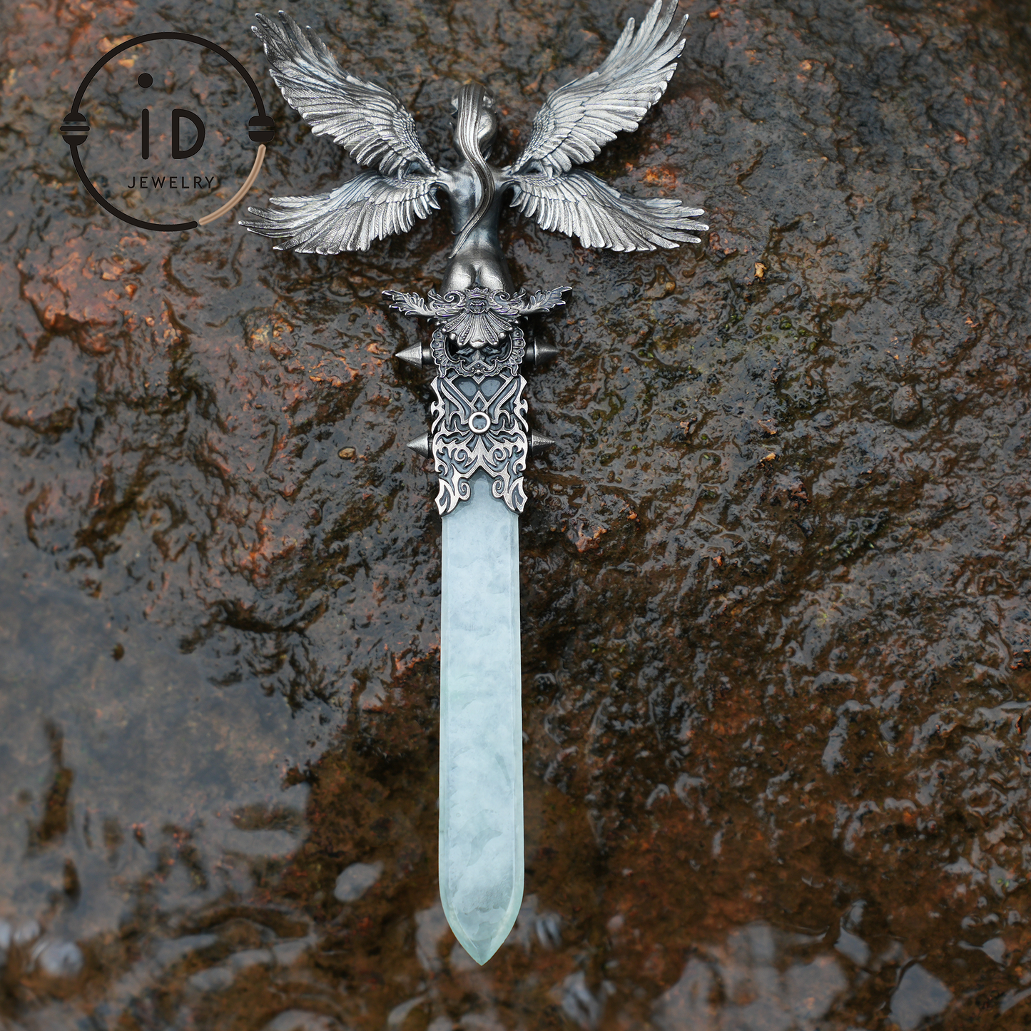Handcrafted 925 Silver Winged Goddess Sword Pendant | Amethyst & Jade Accents | Nordic-Myth Fantasy Protection Jewelry