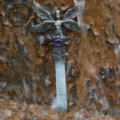 Handcrafted 925 Silver Winged Goddess Sword Pendant | Amethyst & Jade Accents | Nordic-Myth Fantasy Protection Jewelry