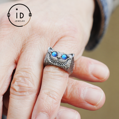Sterling silver cat face ring with labradorite, oxidized totem animal ring gift for men and women, mystical boho jewelry