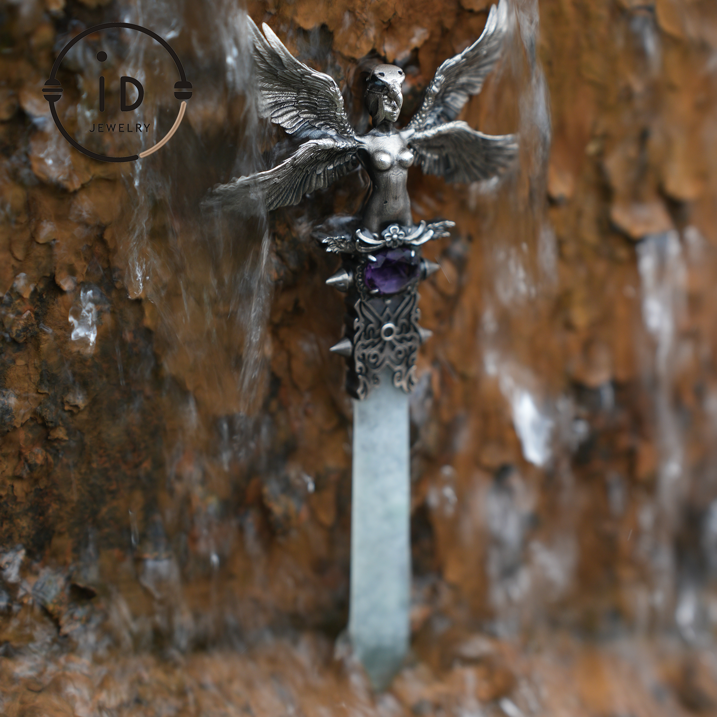 Handcrafted 925 Silver Winged Goddess Sword Pendant | Amethyst & Jade Accents | Nordic-Myth Fantasy Protection Jewelry