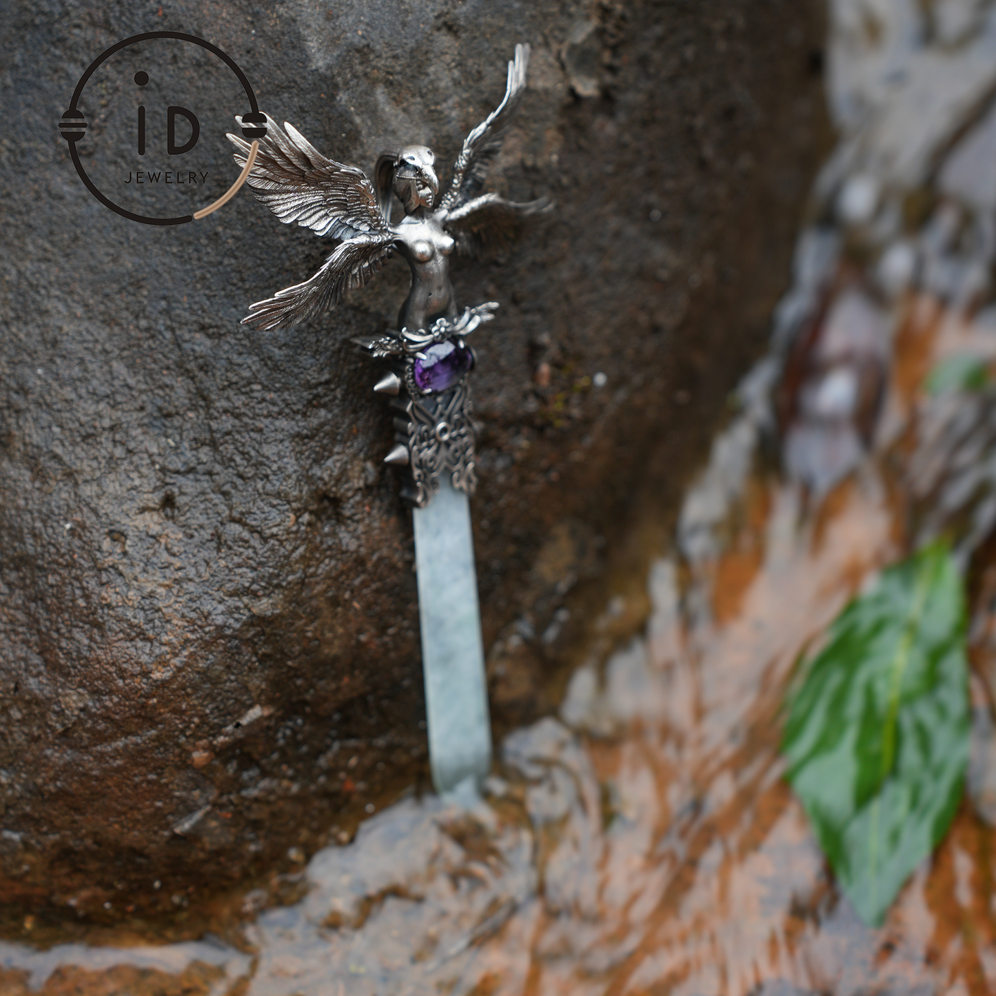 Handcrafted 925 Silver Winged Goddess Sword Pendant | Amethyst & Jade Accents | Nordic-Myth Fantasy Protection Jewelry