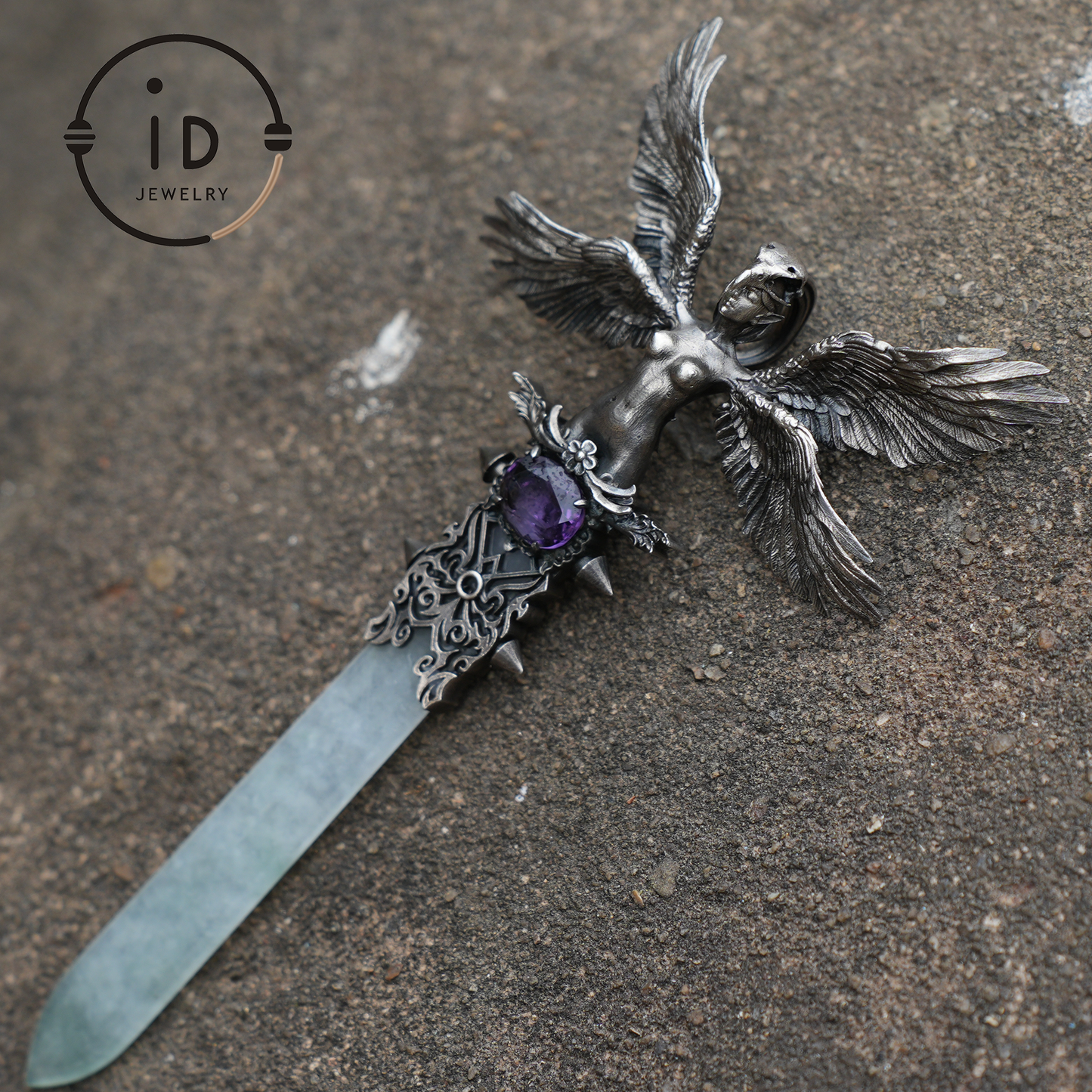 Handcrafted 925 Silver Winged Goddess Sword Pendant | Amethyst & Jade Accents | Nordic-Myth Fantasy Protection Jewelry