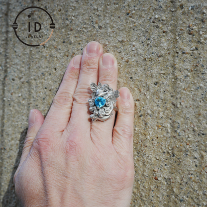 Adjustable Ring with Swiss Blue Topaz in 925 Silver, Oxidized Statement Ring in Gothic Fantasy Style, Handmade Jewelry Gift for Her