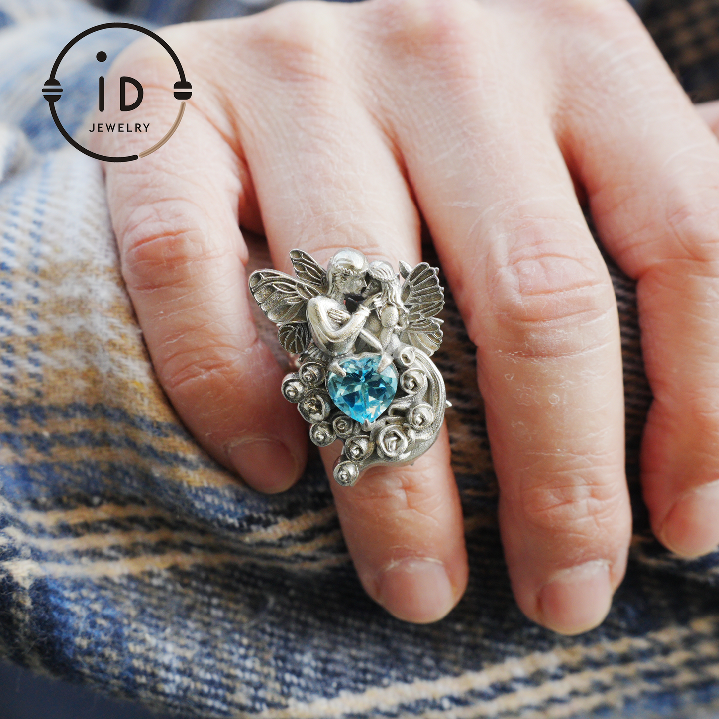 Adjustable Ring with Swiss Blue Topaz in 925 Silver, Oxidized Statement Ring in Gothic Fantasy Style, Handmade Jewelry Gift for Her