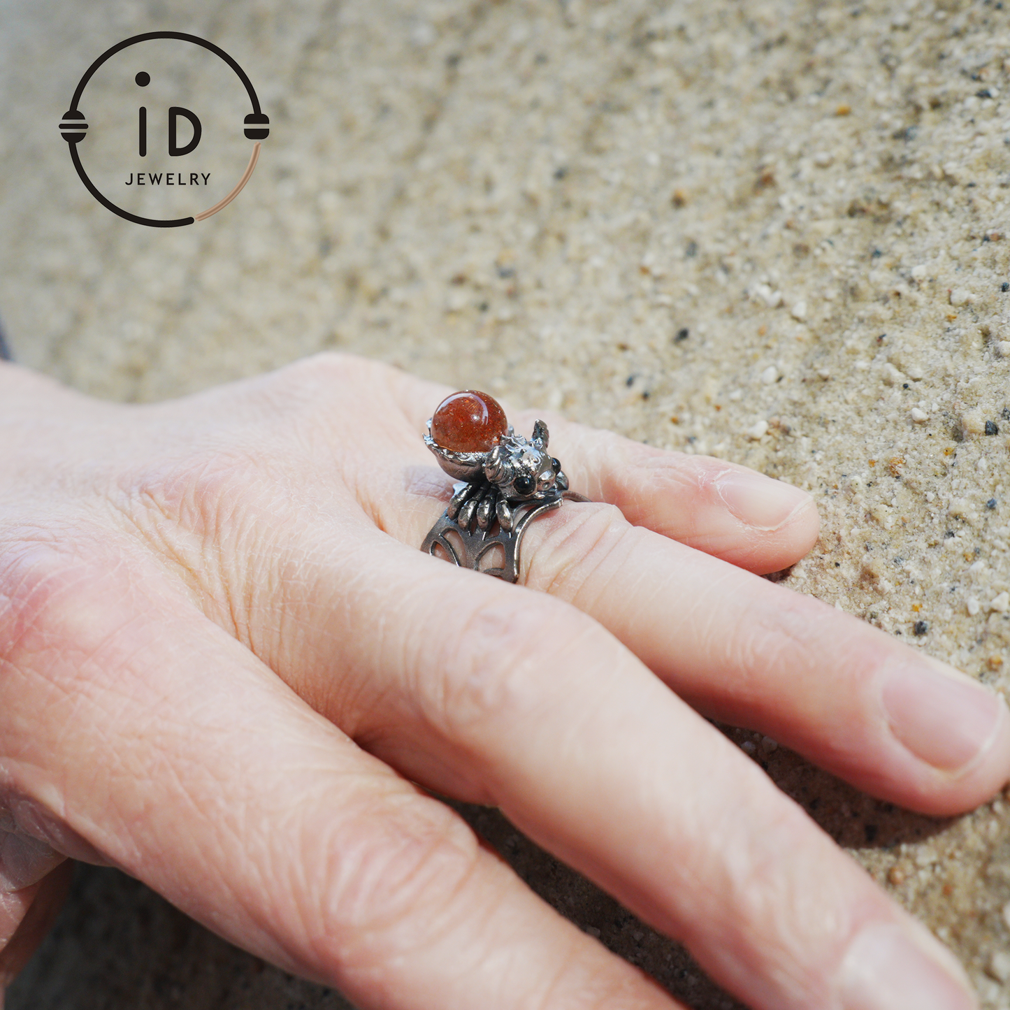 Spider Ring in 925 Silver with Round Sunstone and Black Agate Eyes, Oxidized Vintage Animal Jewelry Ring for Women, Gift Idea