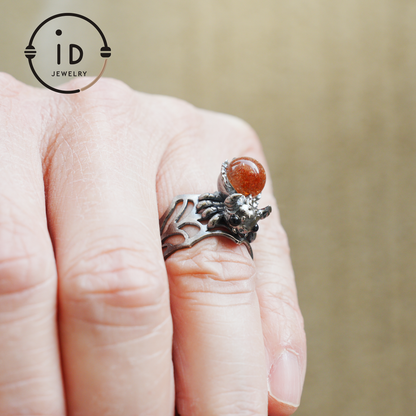 Spider Ring in 925 Silver with Round Sunstone and Black Agate Eyes, Oxidized Vintage Animal Jewelry Ring for Women, Gift Idea
