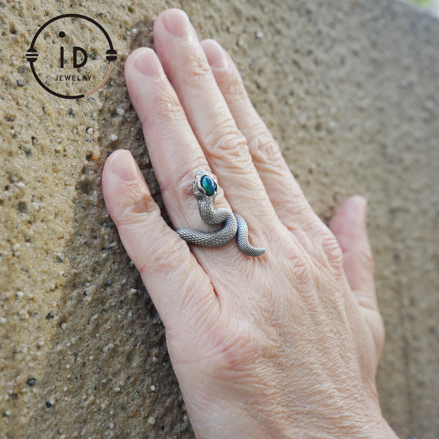 Opal Snake Ring Silver Gothic Adjustable Totem Jewelry Gift for Her Vintage Style Serpent Gemstone Ring Nature Inspired Statement