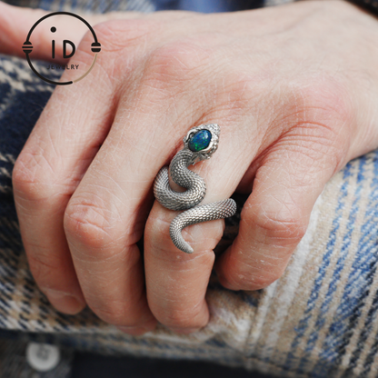 Opal Snake Ring Silver Gothic Adjustable Totem Jewelry Gift for Her Vintage Style Serpent Gemstone Ring Nature Inspired Statement