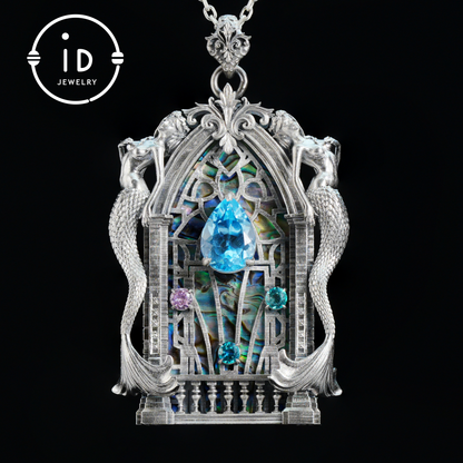 Gothic fantasy pendant with mermaid figure, Swiss blue topaz and abalone in 925 sterling silver, vintage jewelry gift for women