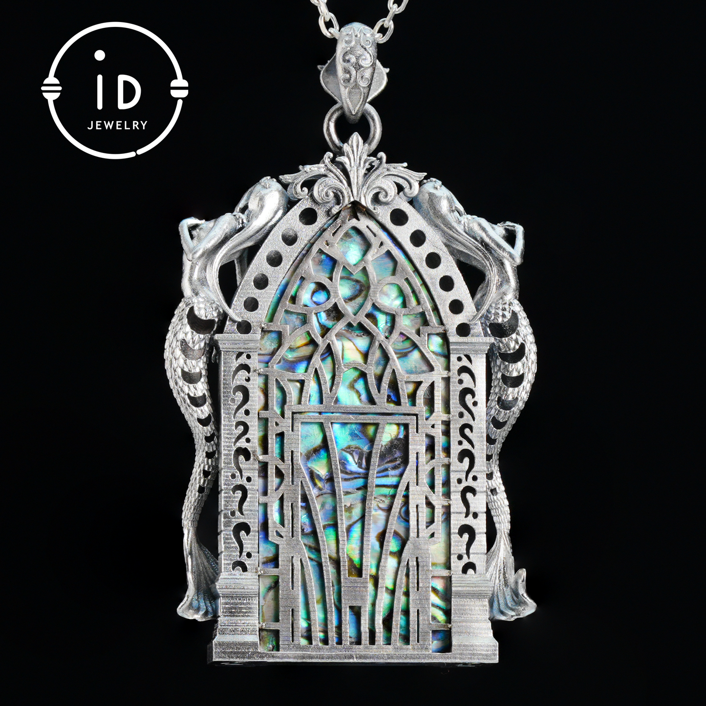 Gothic fantasy pendant with mermaid figure, Swiss blue topaz and abalone in 925 sterling silver, vintage jewelry gift for women