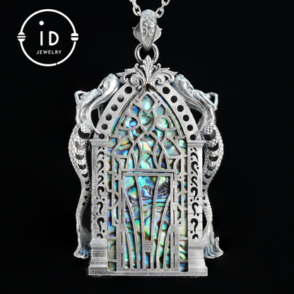 Gothic fantasy pendant with mermaid figure, Swiss blue topaz and abalone in 925 sterling silver, vintage jewelry gift for women