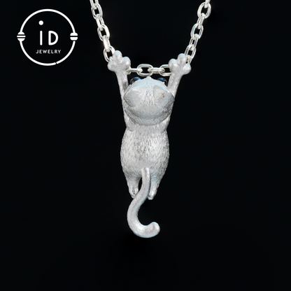 Cat Pendant in 925 Sterling Silver with Black Onyx Eyes, Handmade Fairytale Necklace in Animal Style, Gift for Her or Cat Lover