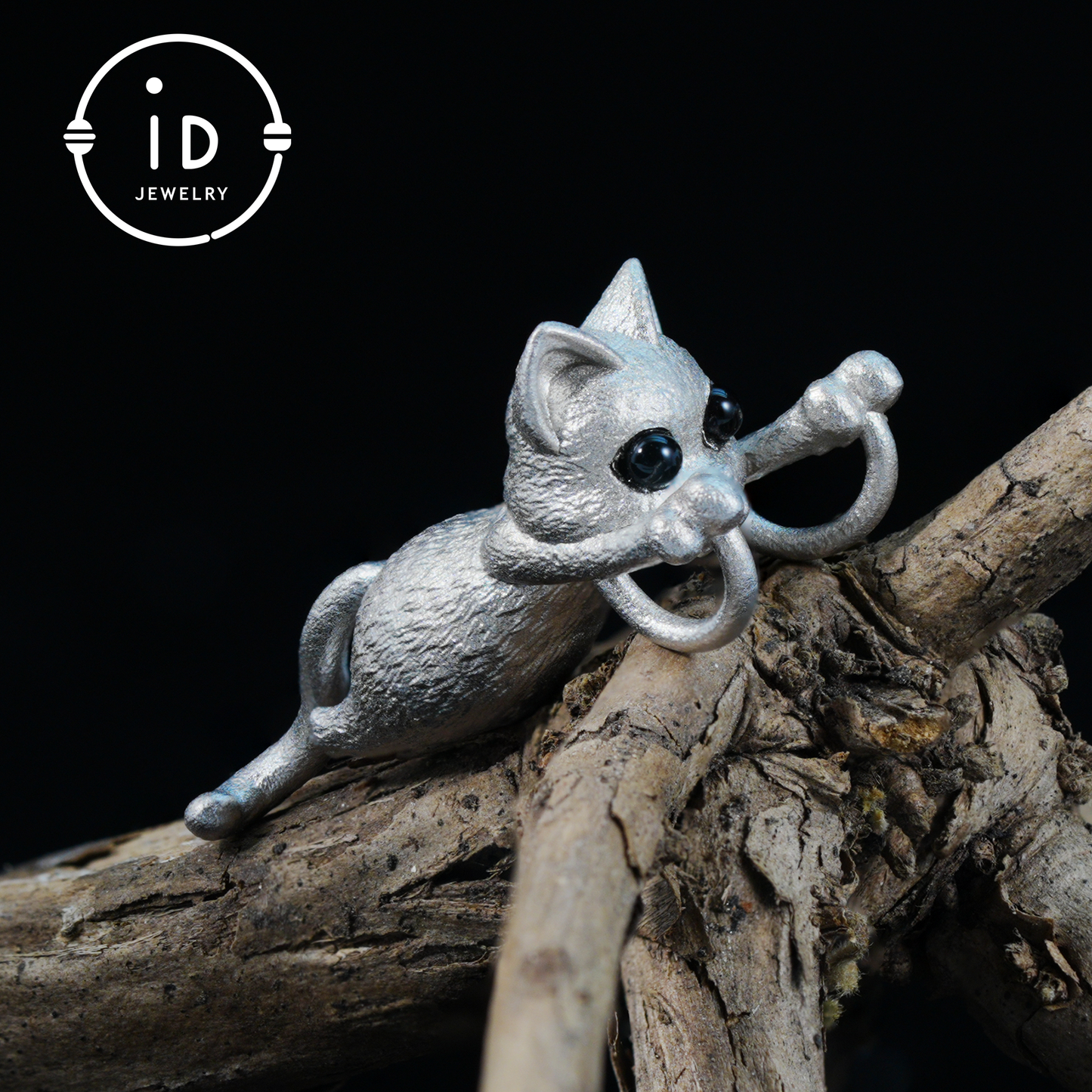 Cat Pendant in 925 Sterling Silver with Black Onyx Eyes, Handmade Fairytale Necklace in Animal Style, Gift for Her or Cat Lover