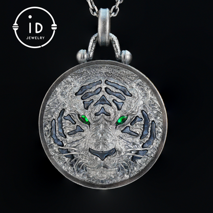 Tiger Head Pendant in 925 Sterling Silver with Black Nephrite, Green Zirconia Eyes and Lapis Lazuli – Gothic Totem Necklace for Men