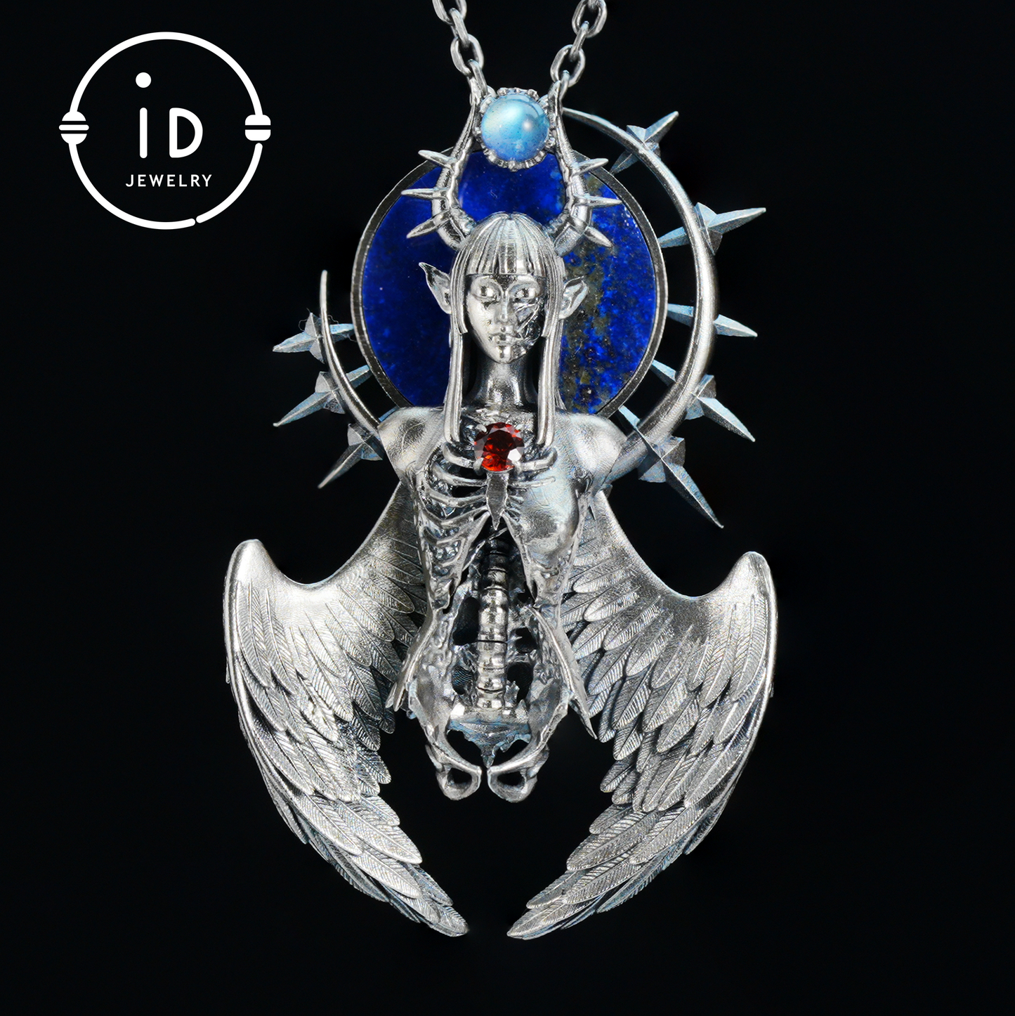 Silver Pendant with Garnet and Lapis Lazuli, Handcrafted Gothic Winged Jewelry, Fantasy Amulet Necklace Gift for Men and Collectors