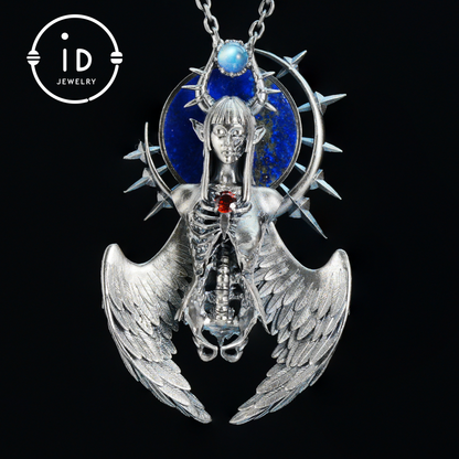 Silver Pendant with Garnet and Lapis Lazuli, Handcrafted Gothic Winged Jewelry, Fantasy Amulet Necklace Gift for Men and Collectors