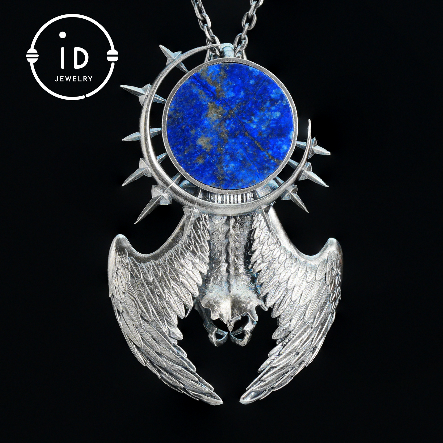 Silver Pendant with Garnet and Lapis Lazuli, Handcrafted Gothic Winged Jewelry, Fantasy Amulet Necklace Gift for Men and Collectors