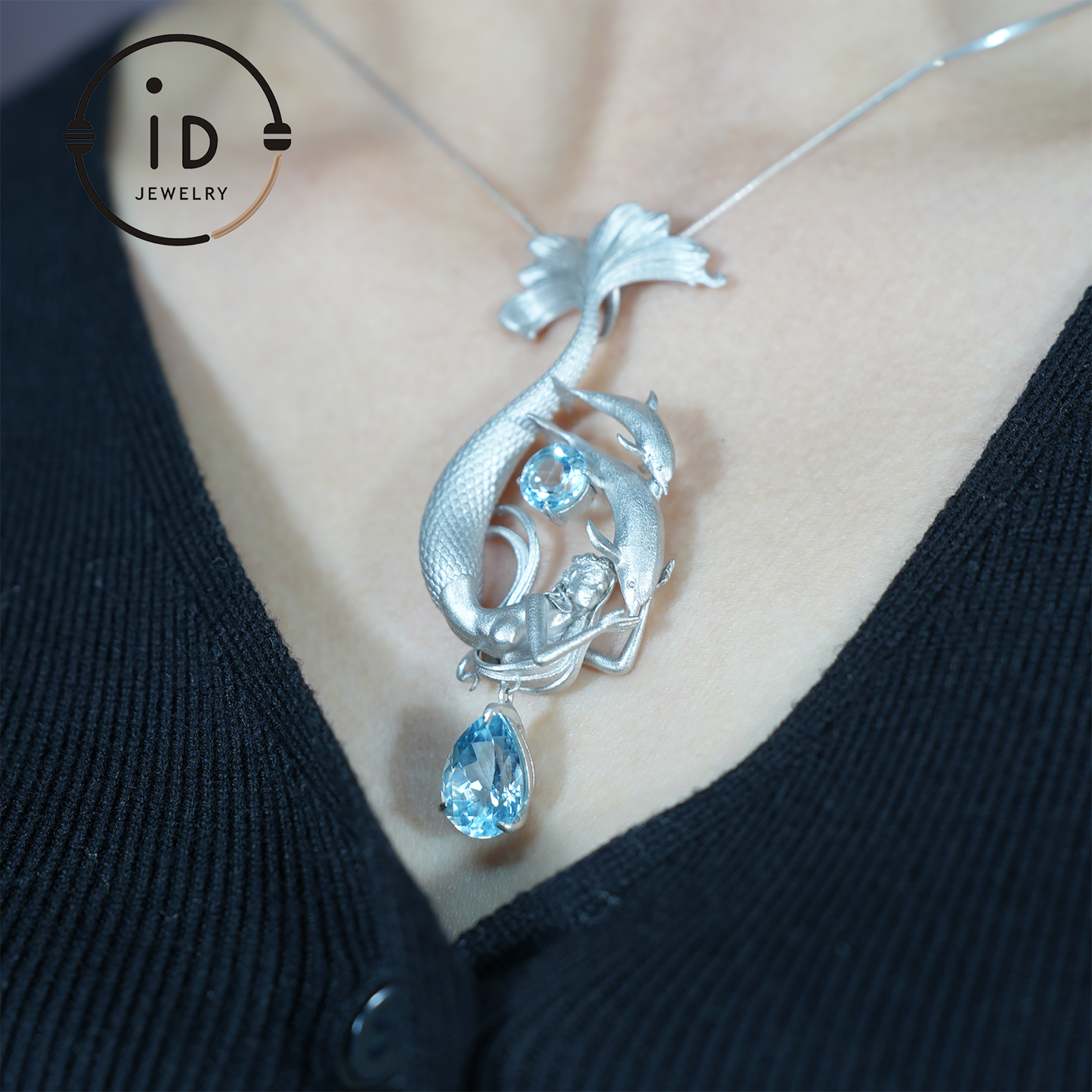 Dreamy Ocean Mermaid Pendant in 925 Silver with Aquamarine – Unique Jewelry for Ocean Lovers and Collectors