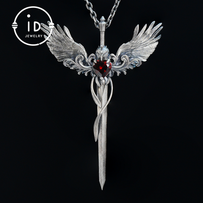 Gothic pendant with winged sword and heart-shaped garnet in oxidized 925 sterling silver, fantasy gift idea for her or cosplay events