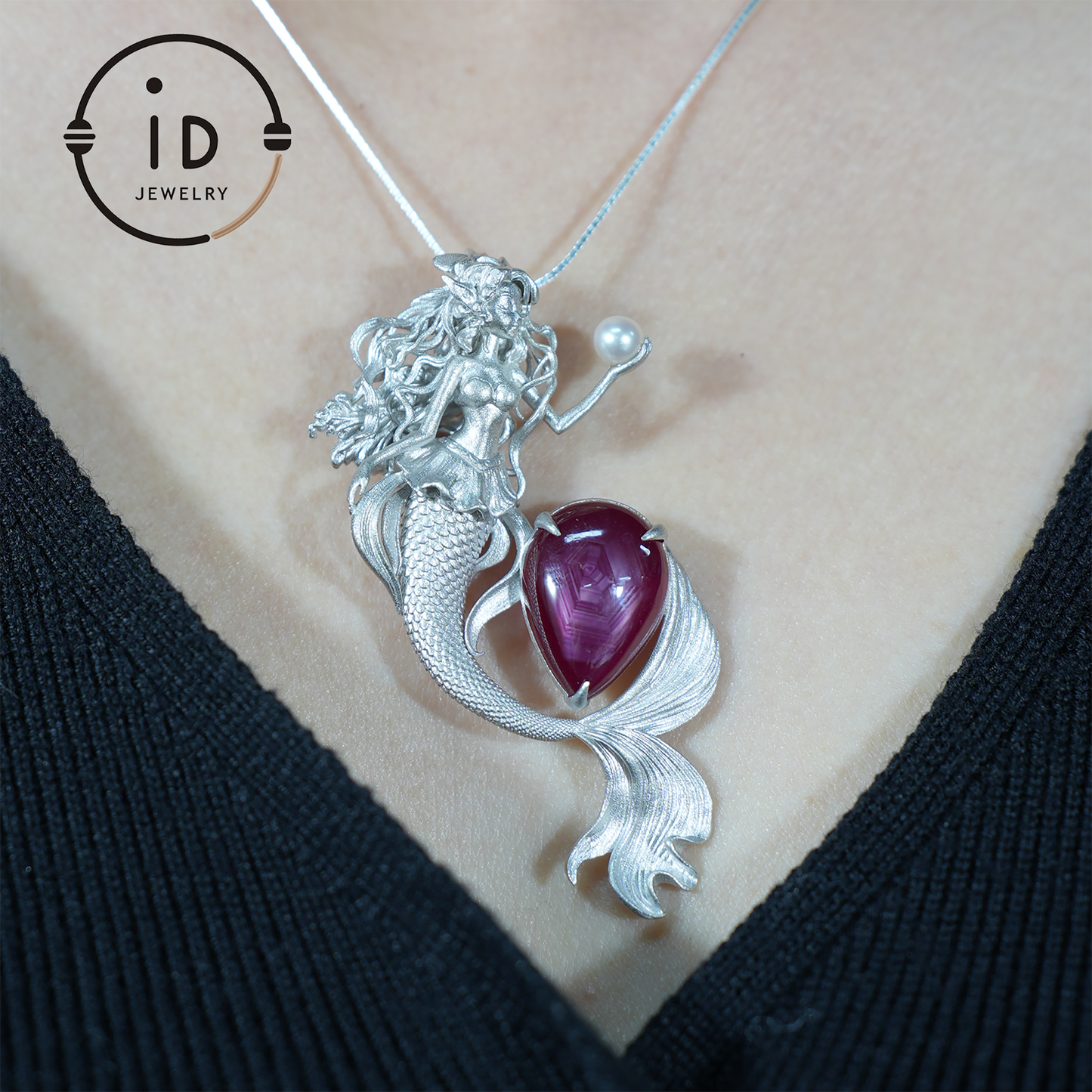 925 Sterling Silver Mermaid Star-Ruby Pendant Necklace | Hand-Carved Wave-Tail | Fantasy Ocean Talisman of Love & Protection