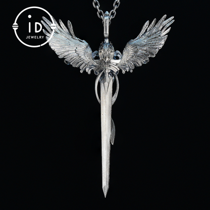 Gothic pendant with winged sword and heart-shaped garnet in oxidized 925 sterling silver, fantasy gift idea for her or cosplay events
