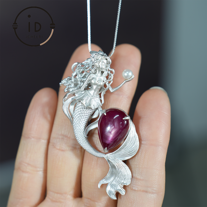 925 Sterling Silver Mermaid Star-Ruby Pendant Necklace | Hand-Carved Wave-Tail | Fantasy Ocean Talisman of Love & Protection
