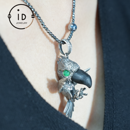 Shoebill Bird Pendant | 925 Silver, Black Agate & Tourmaline | Handmade Nature Jewelry
