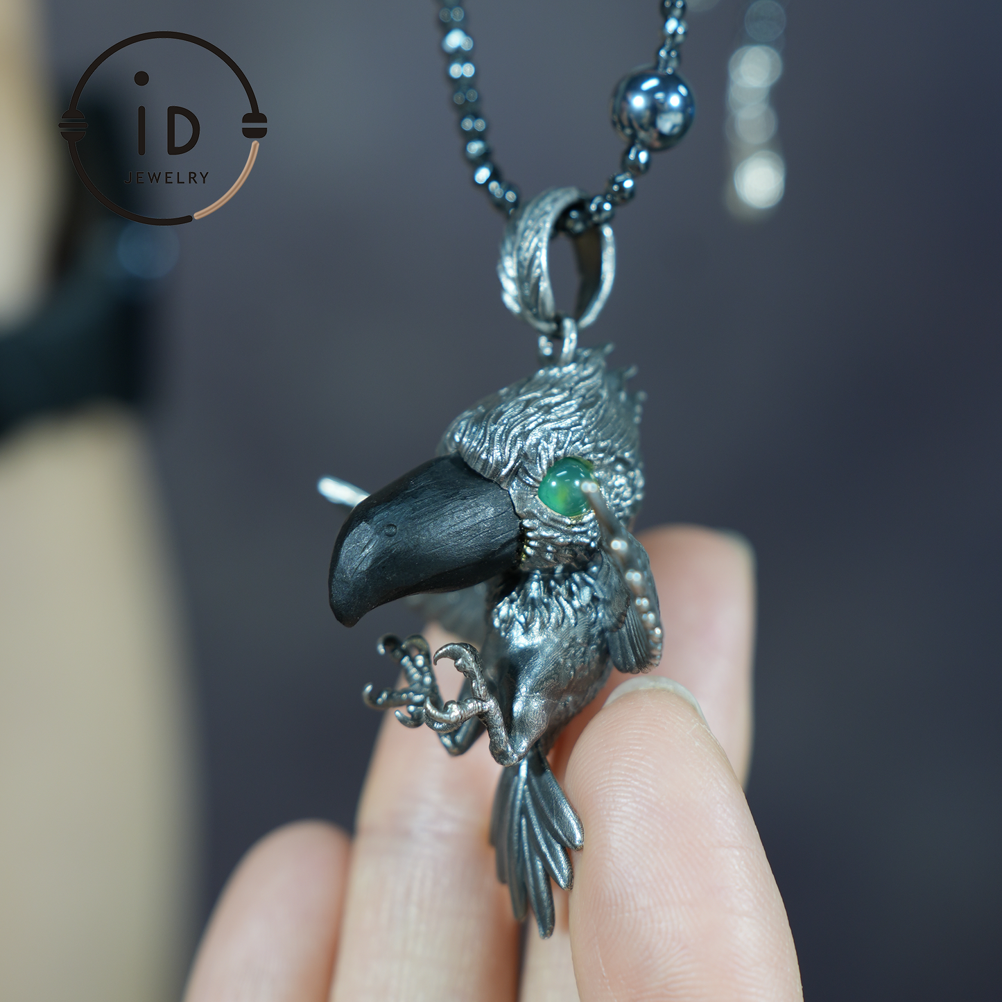 Shoebill Bird Pendant | 925 Silver, Black Agate & Tourmaline | Handmade Nature Jewelry