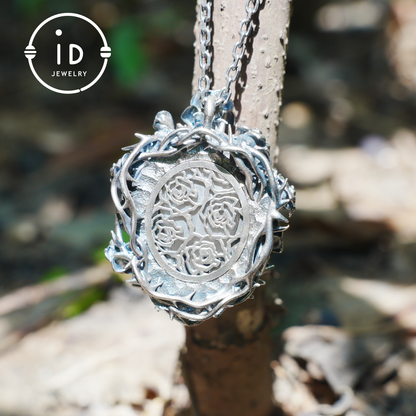 Hand-Carved Rose Wreath Pendant Gift | 925 Sterling Silver Cameo Necklace | Rose Crown & Thorn Frame | Victorian Vintage Style | Handmade