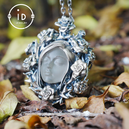 Hand-Carved Rose Wreath Pendant Gift | 925 Sterling Silver Cameo Necklace | Rose Crown & Thorn Frame | Victorian Vintage Style | Handmade