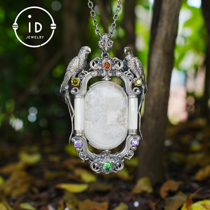 Handmade 925 Silver Victorian Cameo Necklace | Baroque Pendant with Two Parrots | Girl Relief in Rock Crystal | Vintage Craft