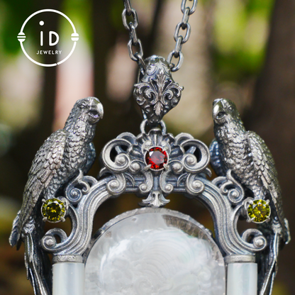 Handmade 925 Silver Victorian Cameo Necklace | Baroque Pendant with Two Parrots | Girl Relief in Rock Crystal | Vintage Craft