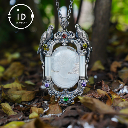 Handmade 925 Silver Victorian Cameo Necklace | Baroque Pendant with Two Parrots | Girl Relief in Rock Crystal | Vintage Craft