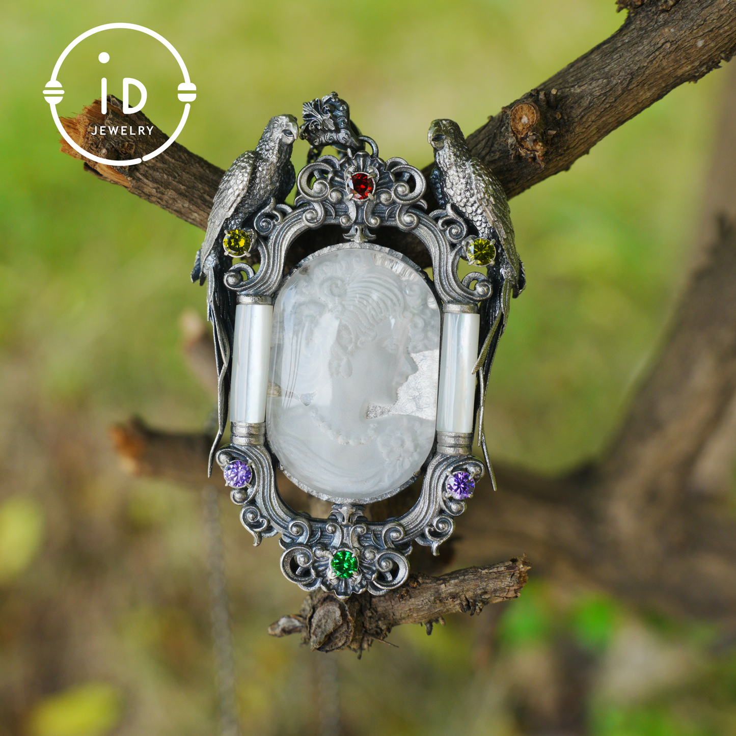 Handmade 925 Silver Victorian Cameo Necklace | Baroque Pendant with Two Parrots | Girl Relief in Rock Crystal | Vintage Craft