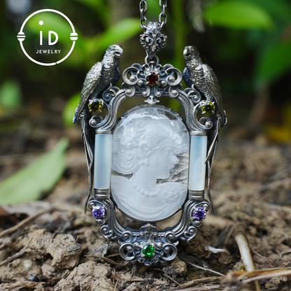 Handmade 925 Silver Victorian Cameo Necklace | Baroque Pendant with Two Parrots | Girl Relief in Rock Crystal | Vintage Craft
