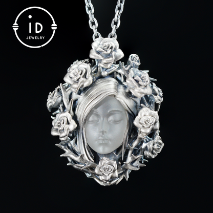 Hand-Carved Rose Wreath Pendant Gift | 925 Sterling Silver Cameo Necklace | Rose Crown & Thorn Frame | Victorian Vintage Style | Handmade