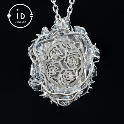 Hand-Carved Rose Wreath Pendant Gift | 925 Sterling Silver Cameo Necklace | Rose Crown & Thorn Frame | Victorian Vintage Style | Handmade