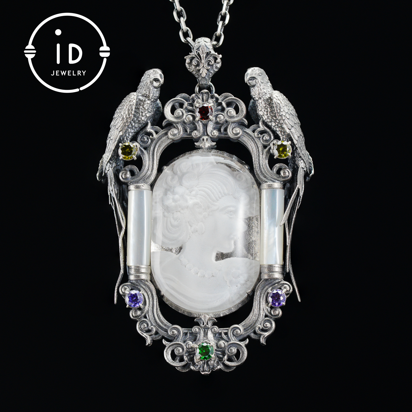 Handmade 925 Silver Victorian Cameo Necklace | Baroque Pendant with Two Parrots | Girl Relief in Rock Crystal | Vintage Craft