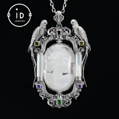 Handmade 925 Silver Victorian Cameo Necklace | Baroque Pendant with Two Parrots | Girl Relief in Rock Crystal | Vintage Craft