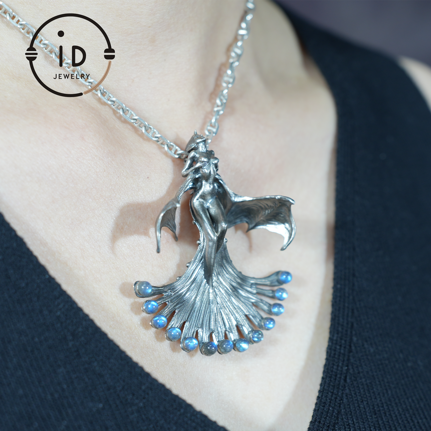 Mystical Winged Enchantress Pendant, 925 Sterling Silver with Ghost Stone, Handcrafted Fantasy Jewelry, Unique Mythical Wing Design