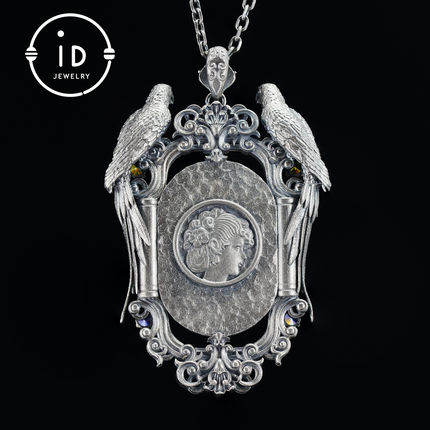 Handmade 925 Silver Victorian Cameo Necklace | Baroque Pendant with Two Parrots | Girl Relief in Rock Crystal | Vintage Craft