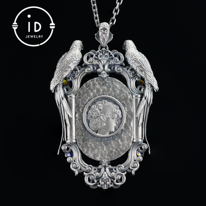 Handmade 925 Silver Victorian Cameo Necklace | Baroque Pendant with Two Parrots | Girl Relief in Rock Crystal | Vintage Craft