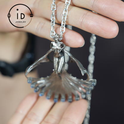 Mystical Winged Enchantress Pendant, 925 Sterling Silver with Ghost Stone, Handcrafted Fantasy Jewelry, Unique Mythical Wing Design