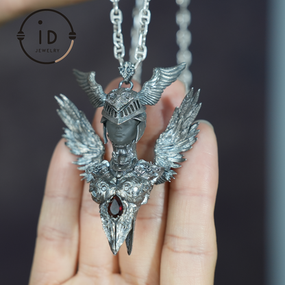 Valkyrie Pendant | 925 Sterling Silver & Garnet | Norse Mythology Amulet | Handmade Viking Necklace