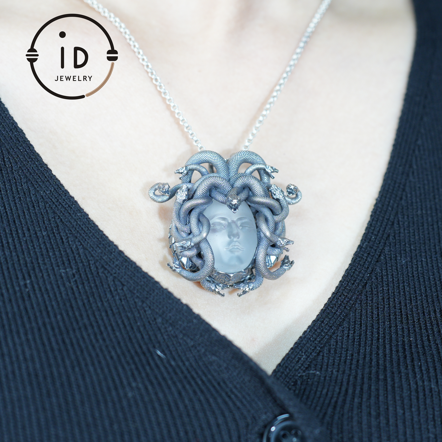 Medusa Pendant | Handmade 925 Silver & White Crystal | Mythical Statement Jewelry